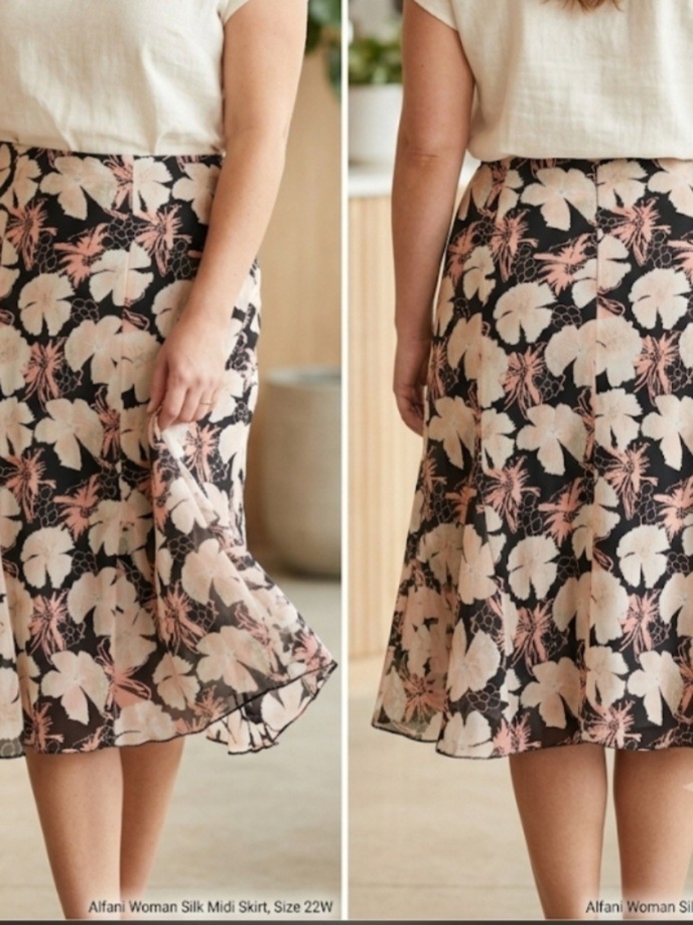 Alfani Women Silk Floral  Midi Skirt Sz 22W Black Pink Cream Chiffon A-Line